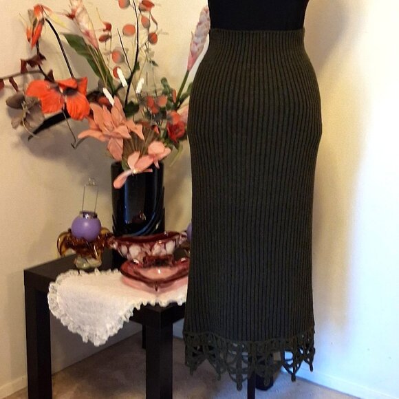 Preowned Women's Olive Green Maxi Skirt High Waist Stretch Long Knitted Skirts - Picture 5 of 8